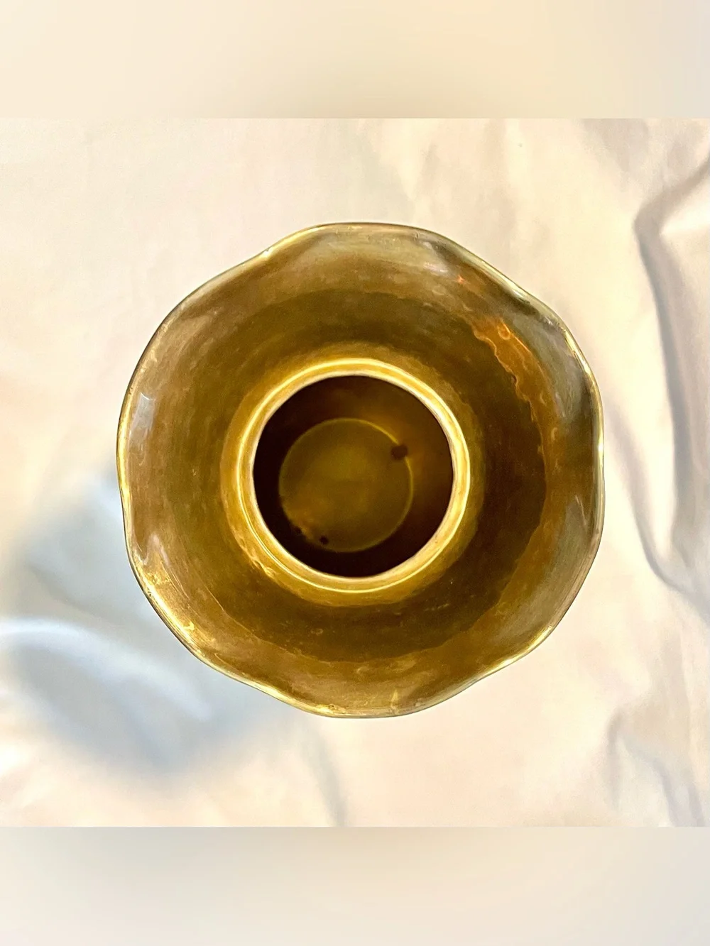 VTG Hammered Brass Vase w/Ruffled Collar & Metal Braided Cording - Made In India